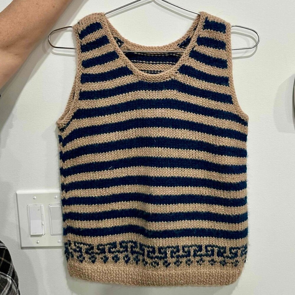 Hand Knit Unisex Sweater Vest S-M Wool Blue + Brown Tan Greek Key Stripes